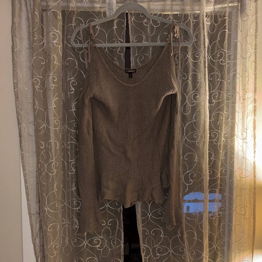Express Taupe Cold-Shoulder Ribbed Tie-Strap Knit Top